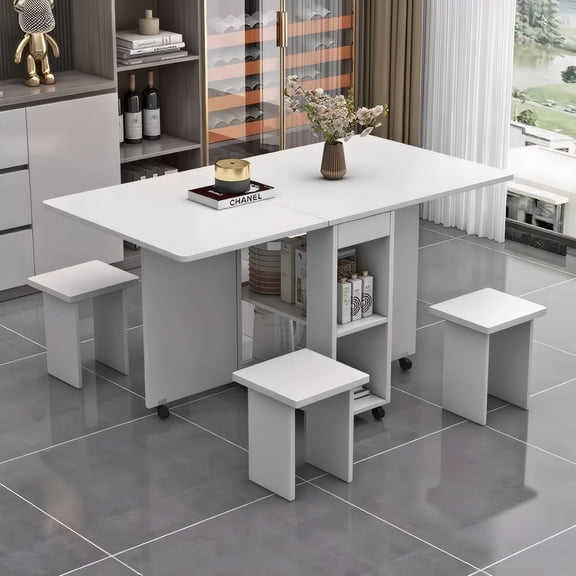 FFZ 47.2x23.6x30.3 inch Space Saving Folding Drop Leaf Dining Table Set for 4 With Storage And 6 Wheels, White