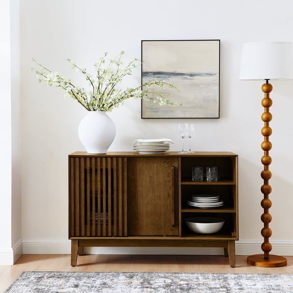 FFZ 47.3 inch Farmhouse Sideboard Buffet with Fluted Doors, Solid Wood Feet, Kitchen Dining, Walnut Brown