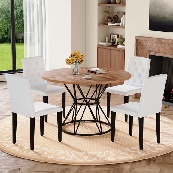 FFZ 47.3 inch Walnut Dining Table with Black Metal Hourglass Base and 4 White PU Chairs, Walnut+black