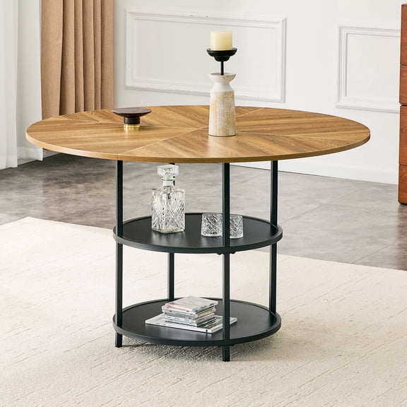 FFZ 47.3" Circular Dining Table with Double-Layer Storage, Wood & Black Fan-Shaped Panels, Black