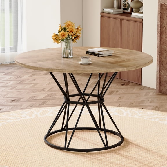 FFZ 47.3 inch Modern Industrial Circular Dining Table 4 Light Wood Grain MDF Tabletops Black Brackets 4-6 People