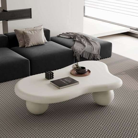 FFZ 47 inch Cloud Shaped Coffee Table with 3 Ball Legs, Cream White