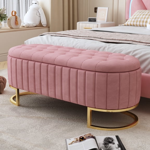 FFZ 47"L Elegant Velvet Storage Ottoman with Button-Tufted Top and Metal Legs, Pink
