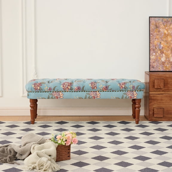 FFZ 47"L European Style Tufted Floral Bench with Turned Wood Legs, Tiffany Blue