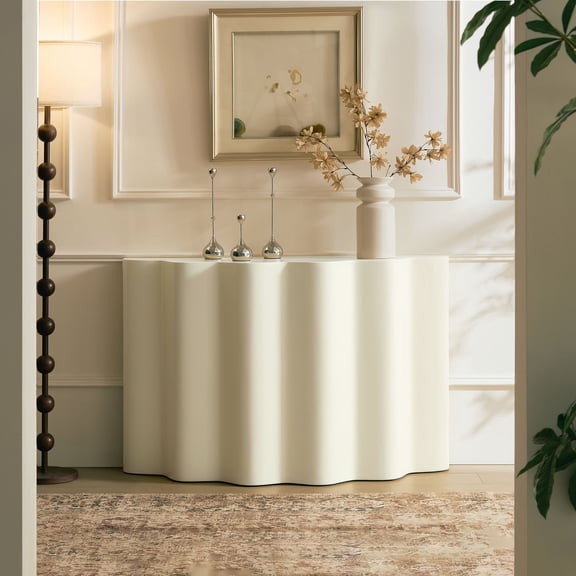 FFZ 47"L Fiberglass Entryway Console Table with Wavy Design and Matte Finish, Beige