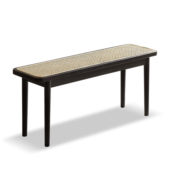 FFZ 47"L Modern Oak Wood Dining Bench with Rattan Detail and Solid Wood Legs, Black