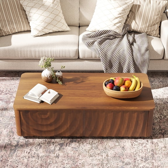 FFZ 47 inch Rectangle Coffee Table with Storage and Water Wave Texture, Walnut Brown