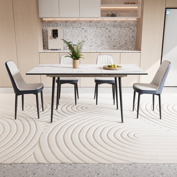 FFZ Expandable Dining Table Set with 4 PU Chairs and Black Metal Legs, 47-63 inch Table, Black White