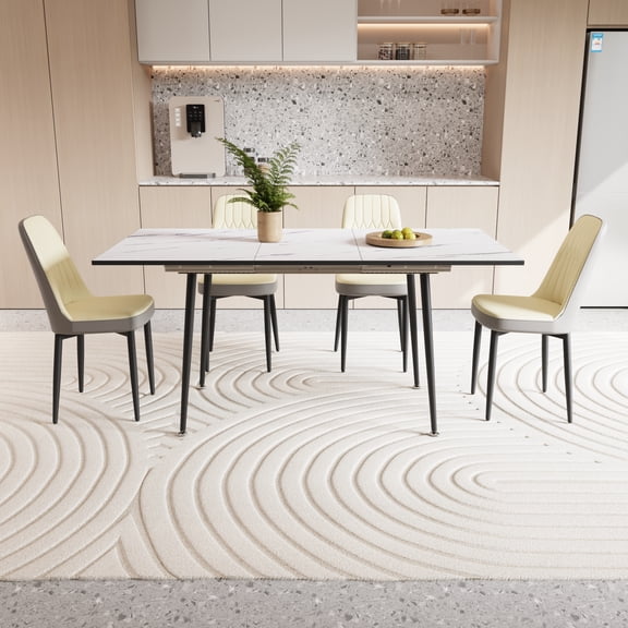 FFZ 47 To 63 inch Expandable Kitchen Dining Table Set 2-6 People PU Fabric Cushioned Chair Black Metal Legs