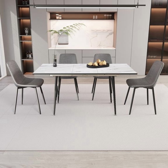 FFZ Extendable Dining Table and 4 Chairs Set with Metal Base and Linen Upholstery, 47-63 inch, Grey+White