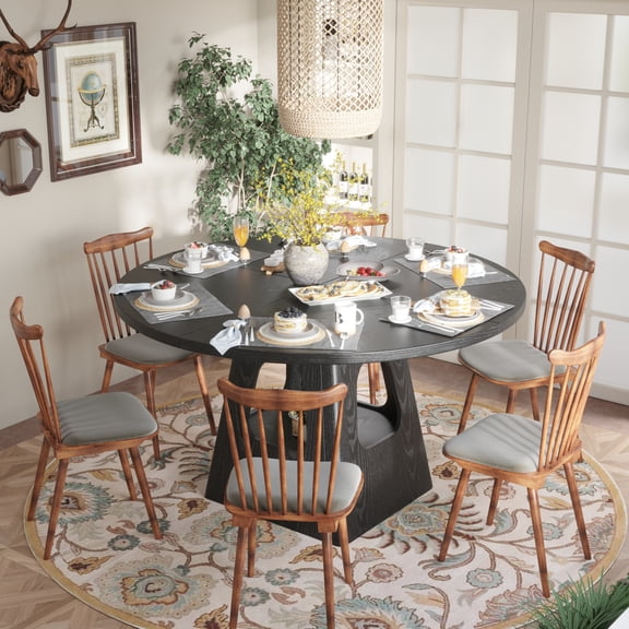 FFZ 47 inch Farmhouse Round Wood Kitchen Dining Table Wooden Tabletop Storage Base For 4-6 People, Black