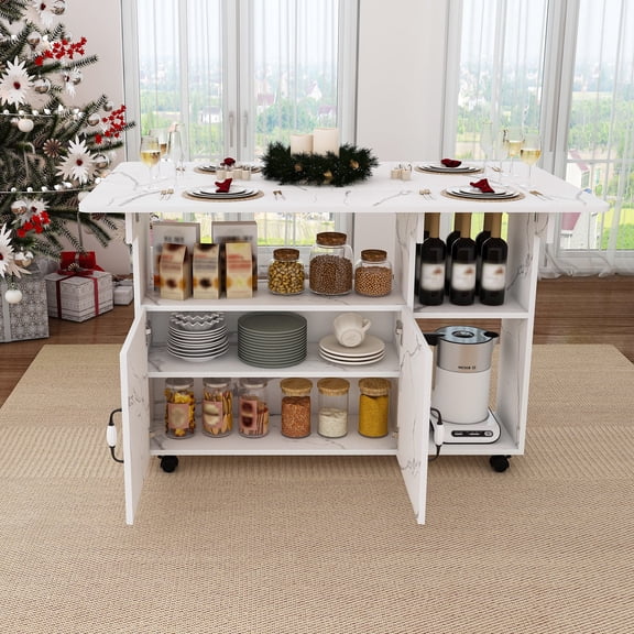 FFZ Multi-Functional Folding Dining Table with Storage Shelves and Wheels, 47 Inch, White