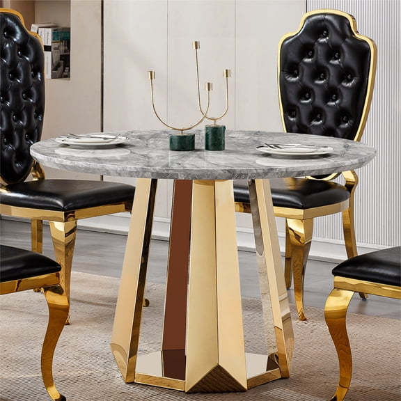 FFZ 47 inch Round Faux Marble Dining Kitchen Table Gold Stainless Steel Base, Gray
