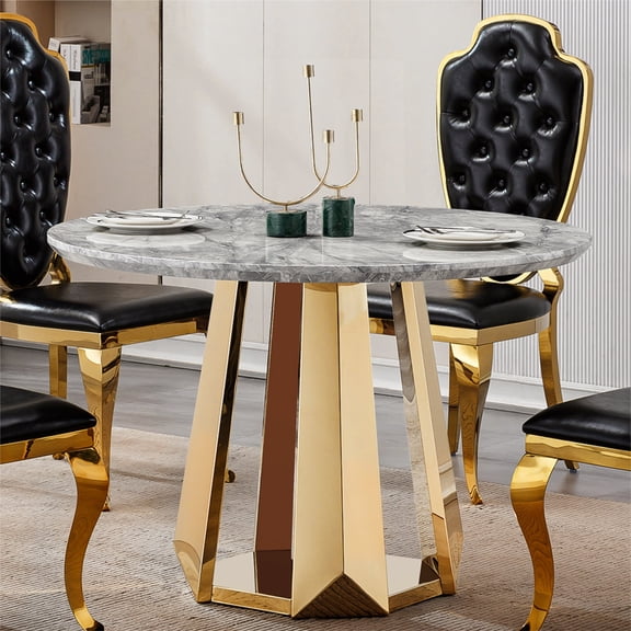 FFZ 47" Round Marble Dining Table with High-Gloss Faux Marble Top & Stainless Steel Base, Grey+gold