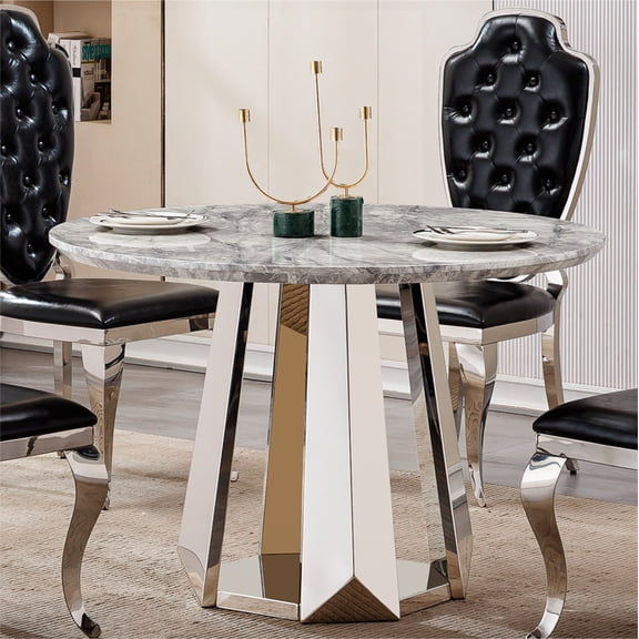 FFZ 47 inch Round Faux Marble Dining Kitchen Table Silver Stainless Steel Base, Gray