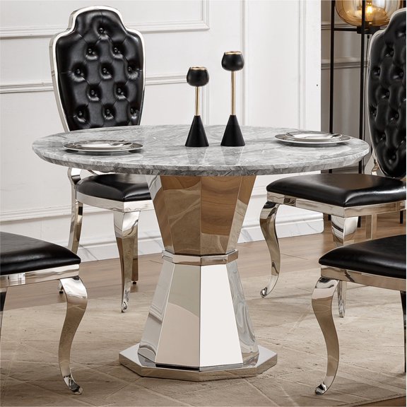 FFZ 47" Round Marble Dining Table with High Gloss Faux Marble Top & Stainless Steel Base, Gray+silver