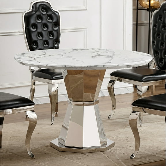 FFZ 47 inch Round Faux Marble Dining Kitchen Table Silver Stainless Steel Base, White