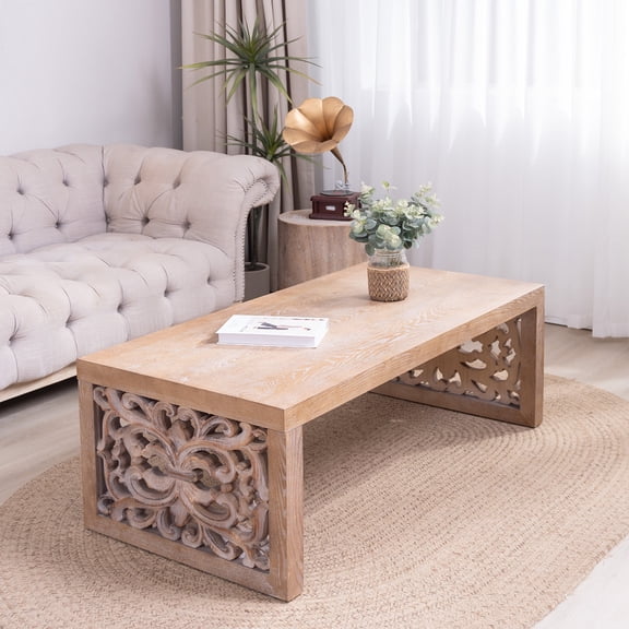 FFZ 47.2 inch Carved Wood Coffee Table with Ornate Side Panels, Engineered Wood, Natural
