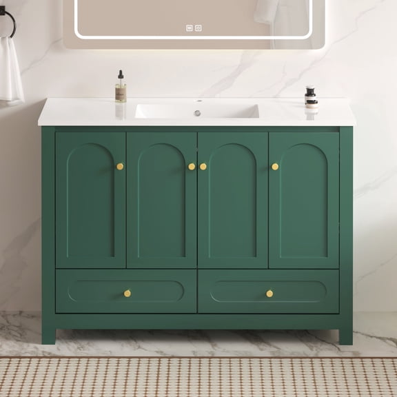 FFZ 48 inch Green Bathroom Vanity with Resin Sink, Soft-Close Doors and Drawers, Green
