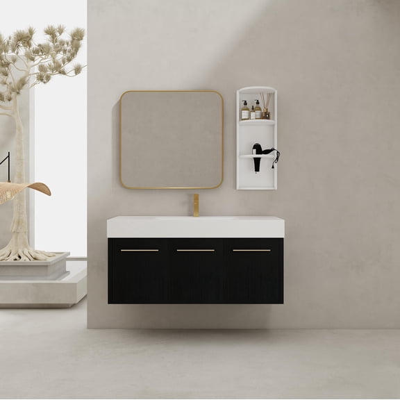 FFZ 48 Inch Wall-Mounted Bathroom Vanity with Sink, Storage Rack, Resin Basin, Black Chestnut