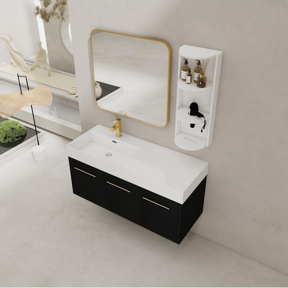 FFZ 48 Inch Wall-Mounted Bathroom Vanity with Sink, Storage Rack, Resin Left Basin, KD-Package, Black Chestnut