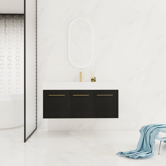 FFZ 48 Inch Wall-Mounted Bathroom Vanity with Resin Basin, Soft-Close Doors and 3 Handles, Black Chestnut