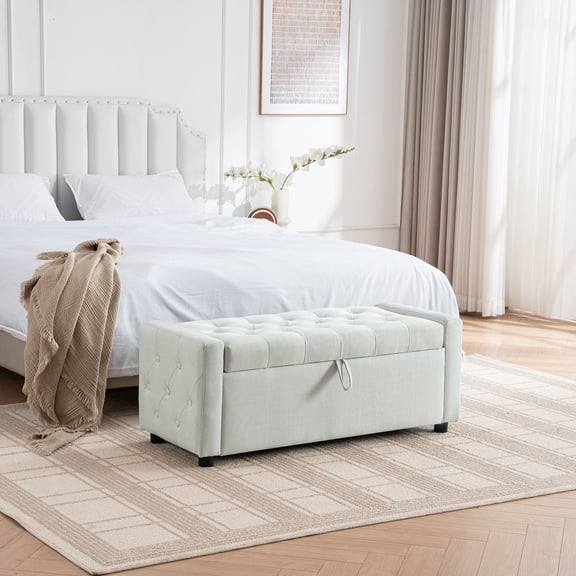 FFZ 48"L Storage Bench with Buckle Design, Low Armrests and Wood+Metal Frame, LIGHT GREY