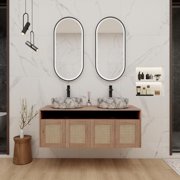 FFZ 48 inch Wall-Mounted Bathroom Vanity with 2 Ceramic Sinks, 4 Soft-Close Doors, Imitative Oak