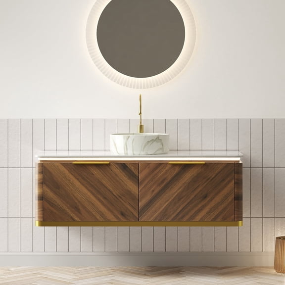 FFZ 48" Floating Bathroom Vanity with Ceramic Vessel Sink, Sintered Stone Top, LED Light, Soft, Carrara White