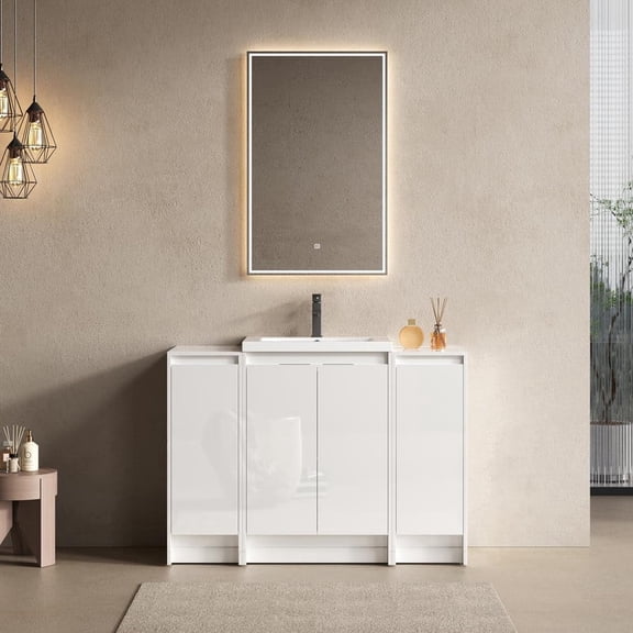 FFZ 48" Freestanding Bathroom Vanity with Resin Sink, 2 Storage Cabinets, Soft-Close Doors, Glossy White