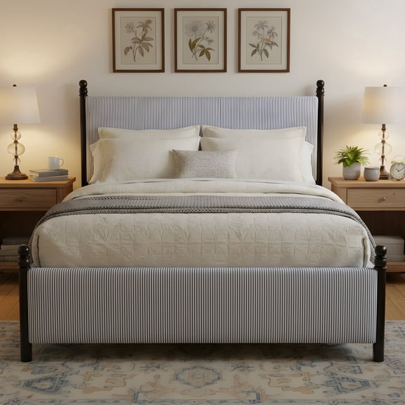 FFZ 48 inch Striped Upholstered King Bed Frame with Rubberwood Legs, Black+ Blue White Stripes