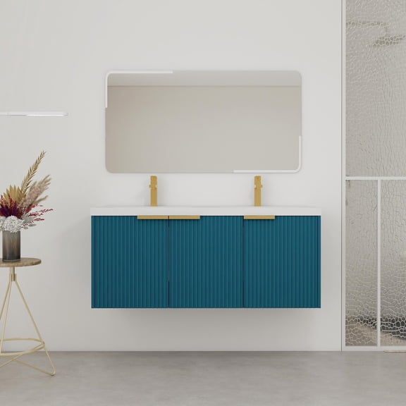 FFZ 48" Wall Mounted Bathroom Vanity with Resin Double Sink, 3 Soft-Close Doors & KD-Packing, Lake Blue