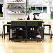 FFZ 48 inch Rolling Kitchen Island with Drop Leaf, Power Outlet and 2 Bar Stools, 5 Open Racks, Black