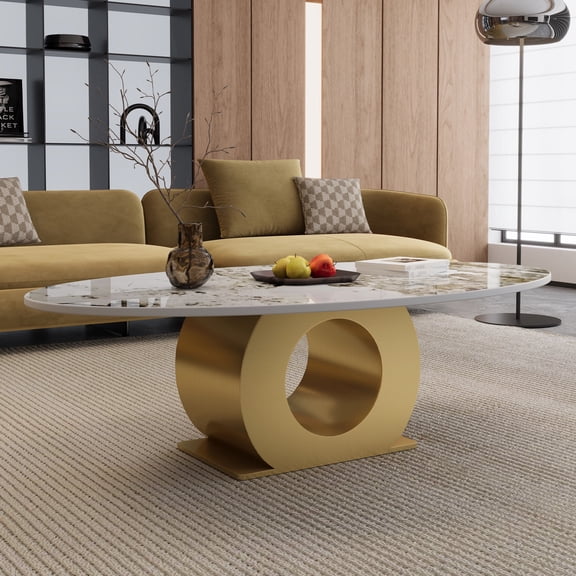FFZ 49.2 inch Oval Sintered Stone Coffee Table with Stainless Steel Base, Gold