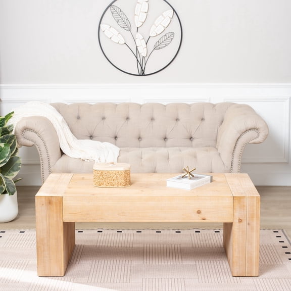 FFZ 49 inch Rustic Wood Coffee Table with Whitewashed Finish, Engineered Wood, Natural