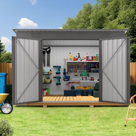 FFZ 4x9 FT Outdoor Storage Shed Metal Garden Tool House Gray 111x47.6x71.6 inch