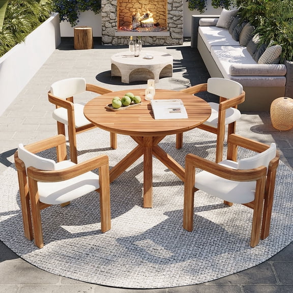 FFZ 5-Piece Acacia Wood Outdoor Dining Set with Round Table and 4 Barrel Chairs, Beige