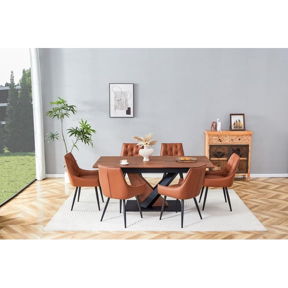 FFZ Contemporary Dining Set with Extendable Table and 4 Faux Leather Chairs, Dark Walnut