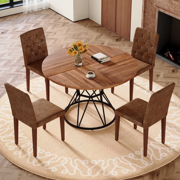 FFZ Table and 4 Chair Set with Walnut MDF Table and Brown Suede Chairs, Brown