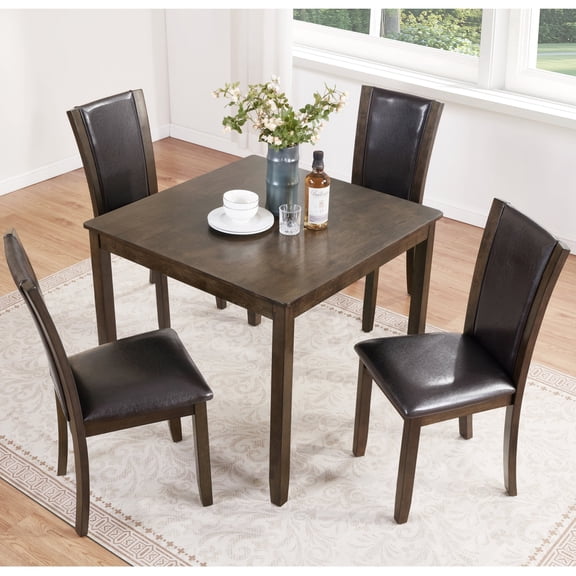 FFZ 5-Piece Farmhouse Rustic Dining Table Set with 4 Chairs, Dark Walnut