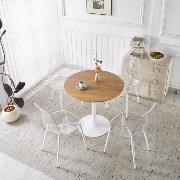 FFZ 5-Piece Round Marble-Pattern Pub Table Set with 4 Chairs, Matte White