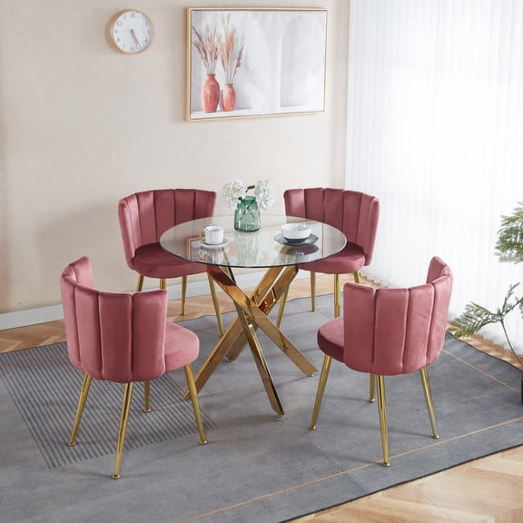 FFZ 5-Piece Dining Set with Glass Table Top and Metal Legs, Seats 4-6, Gold+Glass