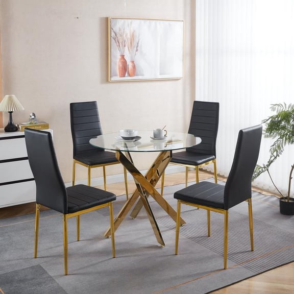 FFZ 5-Piece Dining Set with Glass Table Top and Metal Legs, Pedestal Dining Table, Black+Gold