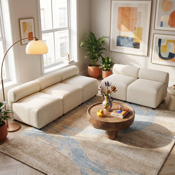 FFZ 5-Piece Modular Sectional Chenille Sofa with Round-Back Design and Solid Wood Frame, Beige