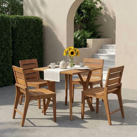 FFZ 5 Piece Outdoor Acacia Wood Dining Set with 4 Slatted Back Chairs, Teak