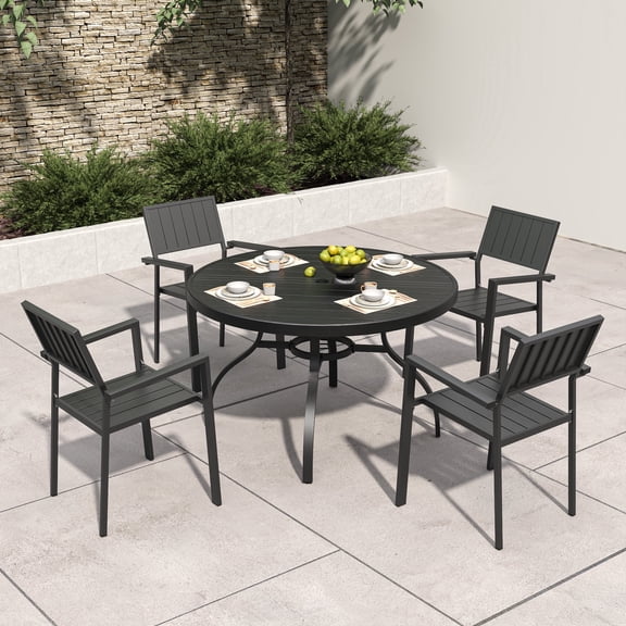 FFZ 5-Piece Outdoor Patio Dining Set with Round Wood-Grain Table and 4 Stacking Metal Chairs, Black