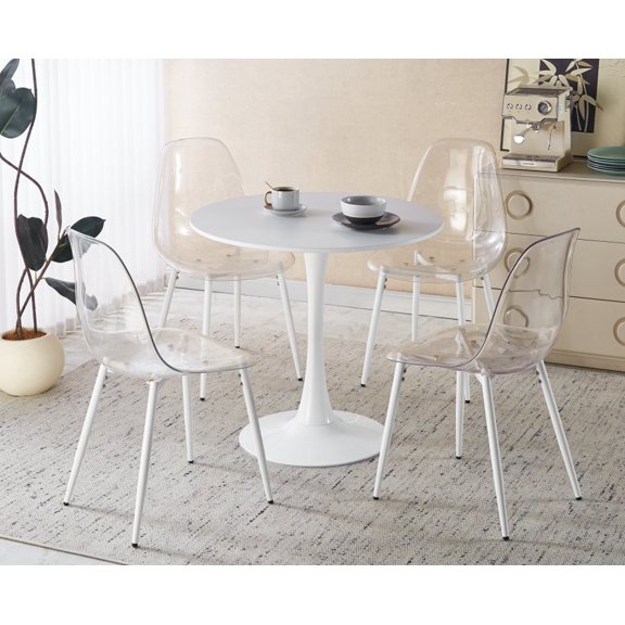 FFZ 5-Piece Round Marble-Pattern Pub Table Set with 4 Chairs, Matte White