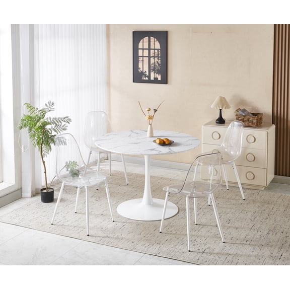 FFZ 5-Piece Round Marble-Patterned Pub Table Set with 4 Chairs, Home Bar & Kitchen, Matte White