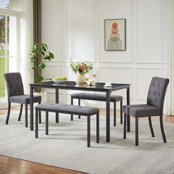 FFZ 58"L 5-Piece Rustic Dining Set with Padded Chairs and Benches for Kitchens, Black+Gray