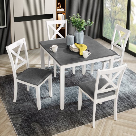 FFZ 5-Piece Dining Table Set with 4 Chairs, Modern Wood Design for 4, Grey & White, White+gray